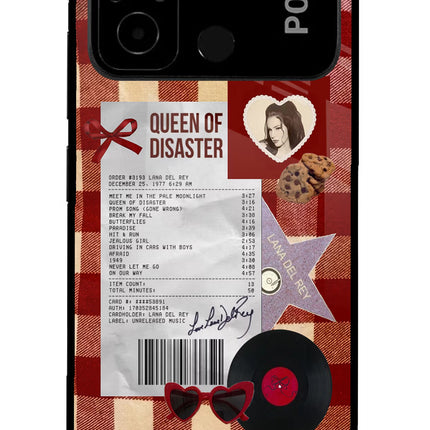 Queen of Disaster Poco C55 Glass Case Back Cover by Casekaro