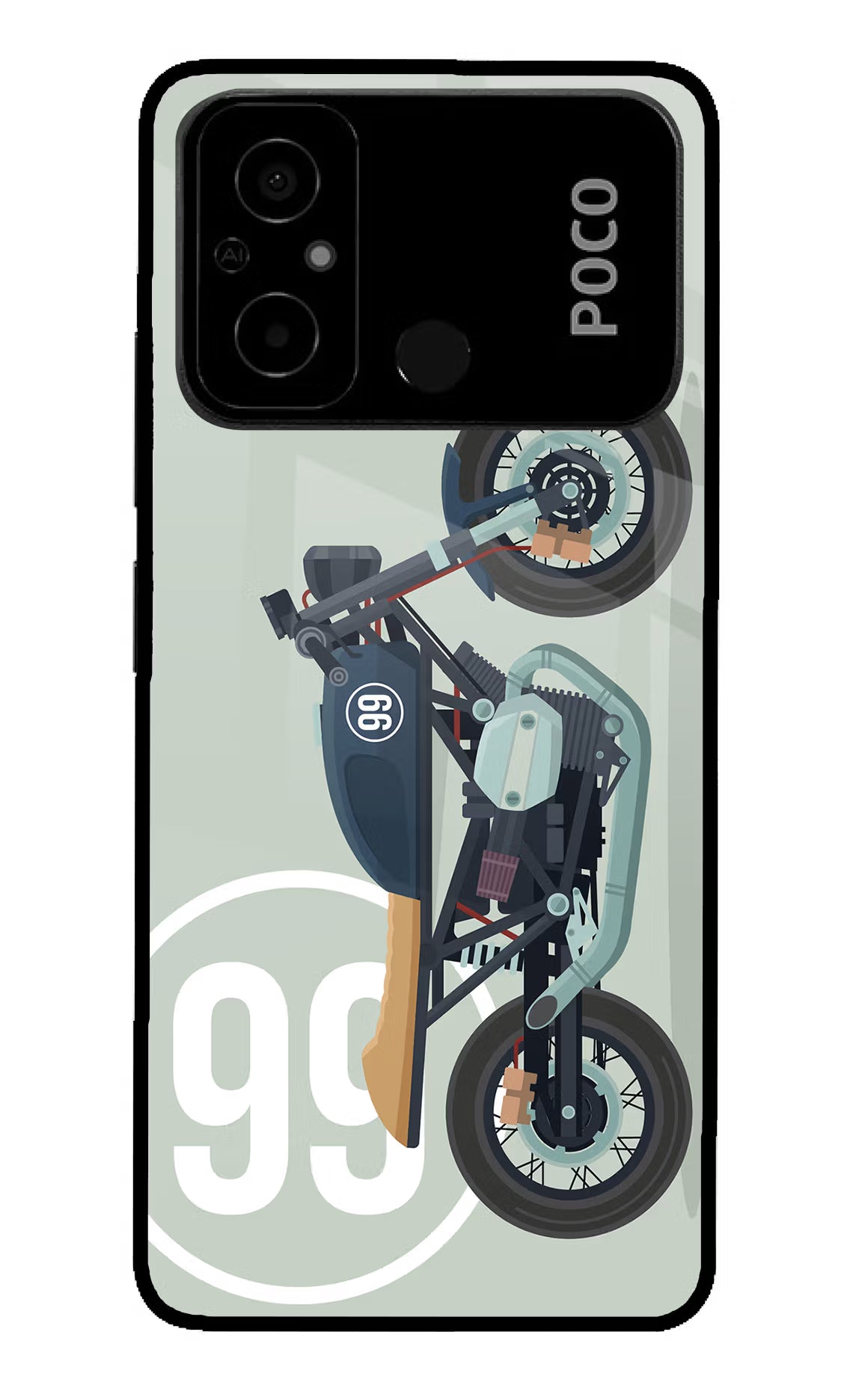 Classic Cafe Racer 99 Poco C55 Glass Case Back Cover by Casekaro