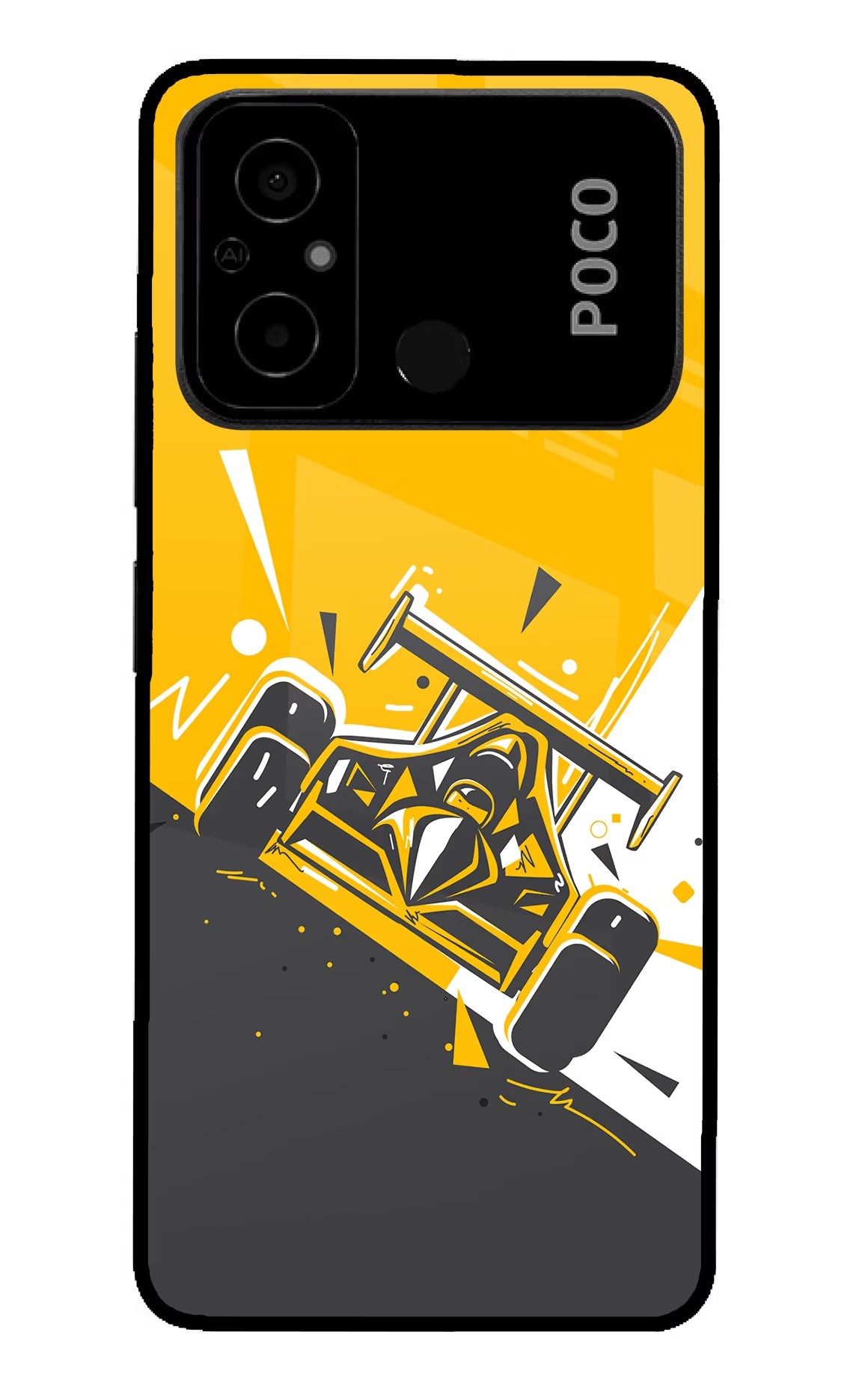 Track King Poco C55 Glass Case Back Cover by Casekaro