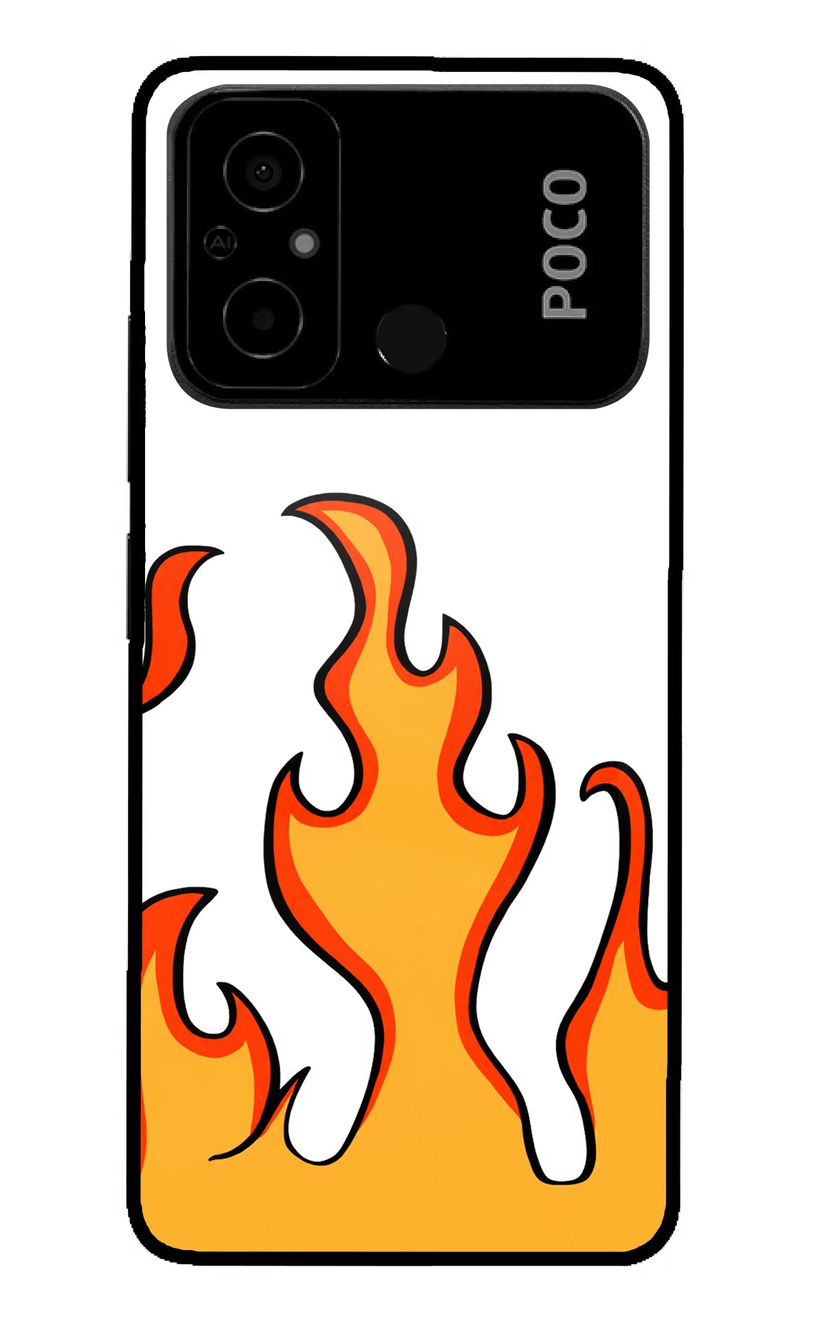 Fired Up – White Poco C55 Glass Case Back Cover by Casekaro