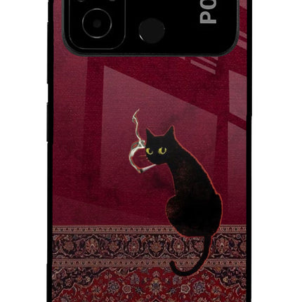 Midnight Cat Poco C55 Glass Case Back Cover by Casekaro