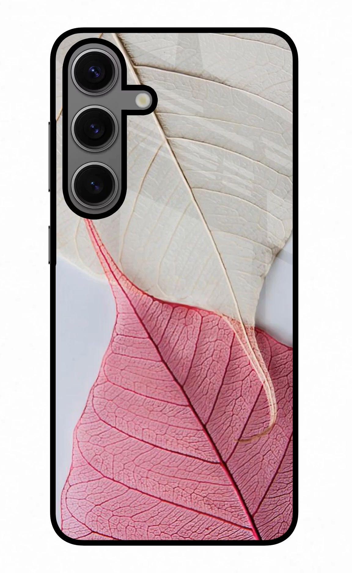 White Pink Leaf Samsung S24 Glass Case Back Cover by Casekaro