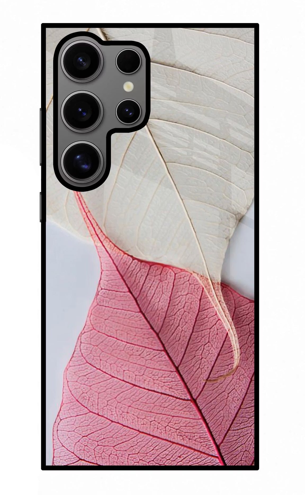 White Pink Leaf Samsung S24 Ultra Glass Case Back Cover by Casekaro