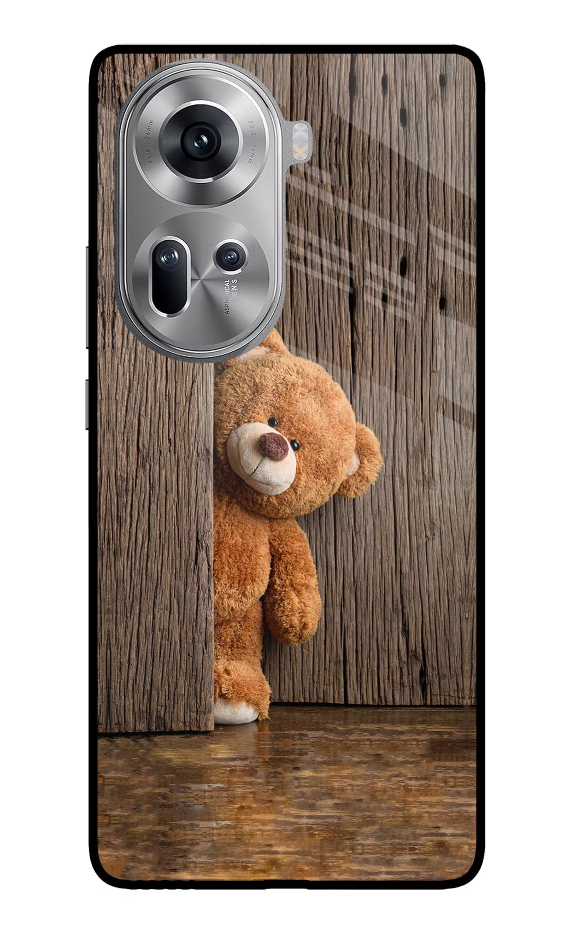 Teddy Wooden Oppo Reno11 Glass Case Back Cover by Casekaro