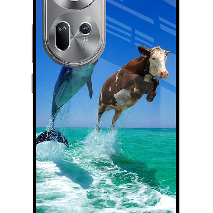 Dolphin vs Cow Oppo Reno11 Glass Case Back Cover by Casekaro