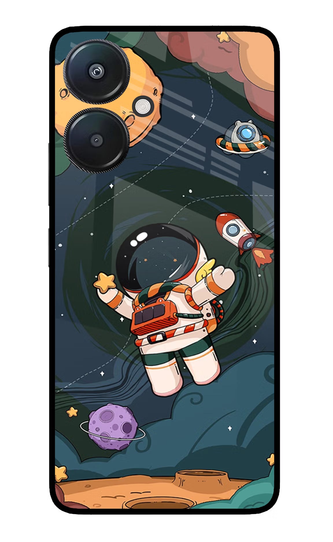 Cartoon Astronaut Redmi 13C 5G Glass Case Back Cover by Casekaro
