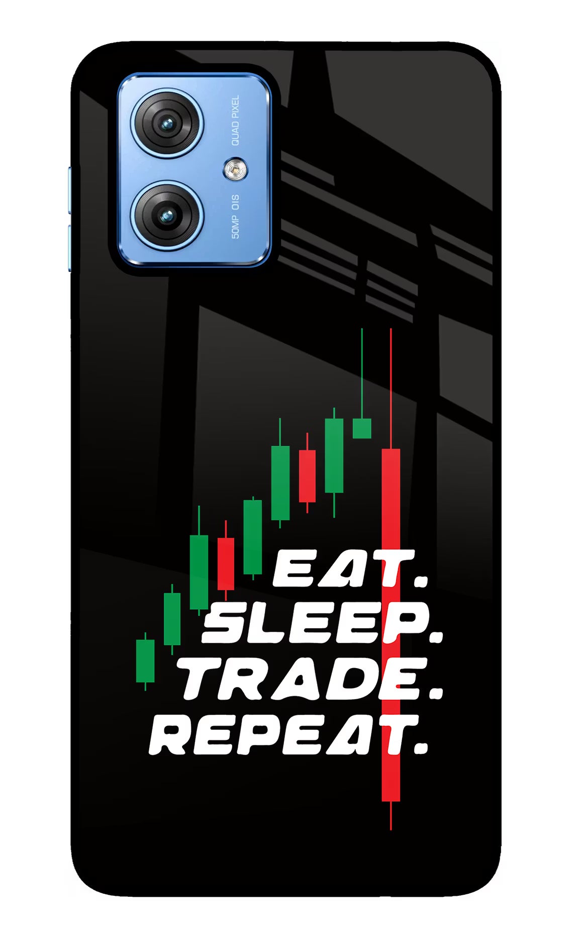 Eat Sleep Trade Repeat Moto G64 5G Glass Case Back Cover by Casekaro