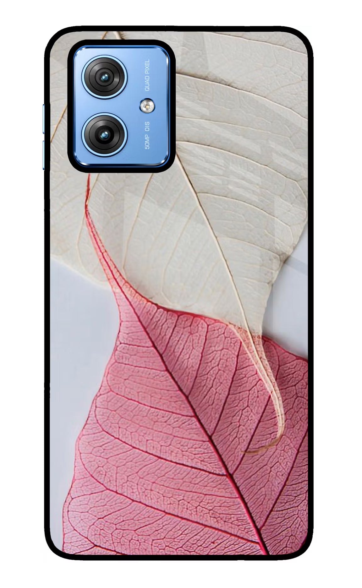 White Pink Leaf Moto G64 5G Glass Case Back Cover by Casekaro