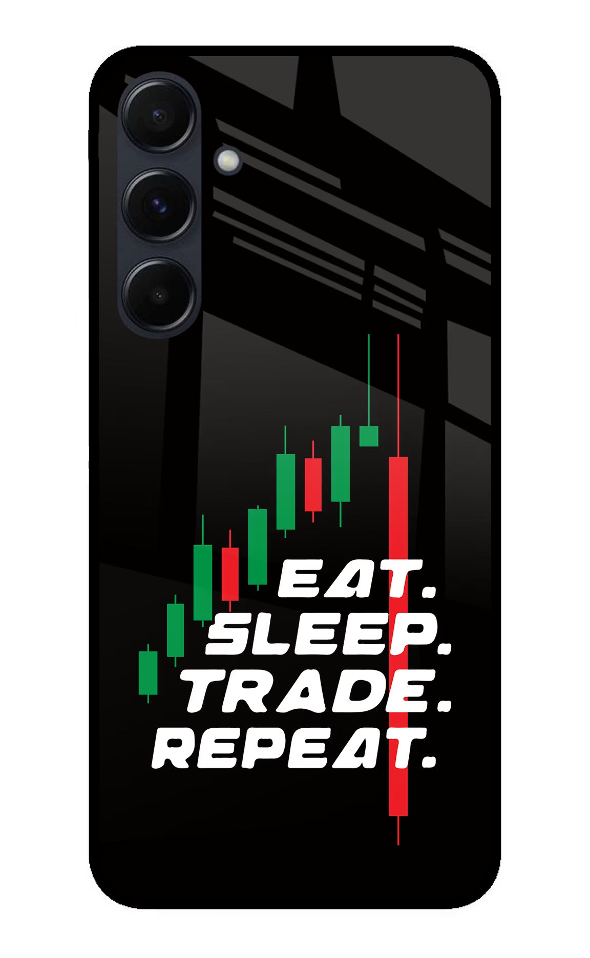 Eat Sleep Trade Repeat Samsung A35 5G Glass Case Back Cover by Casekaro