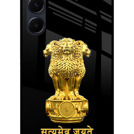 Satyamev Jayate Golden Samsung A35 5G Glass Case Back Cover by Casekaro