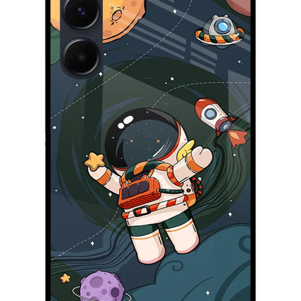 Cartoon Astronaut Samsung A35 5G Glass Case Back Cover by Casekaro