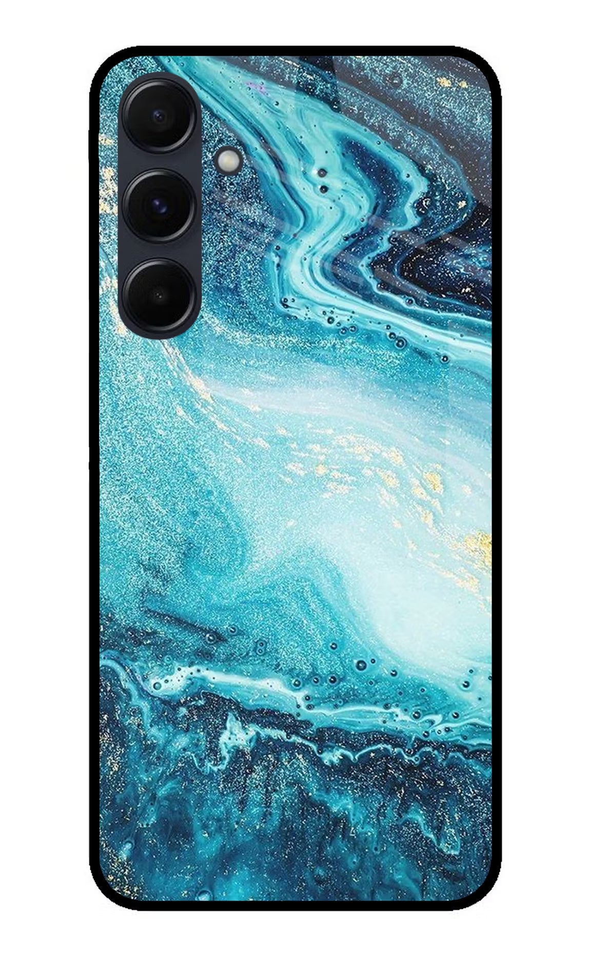 Blue Glitter Marble Samsung A35 5G Glass Case Back Cover by Casekaro
