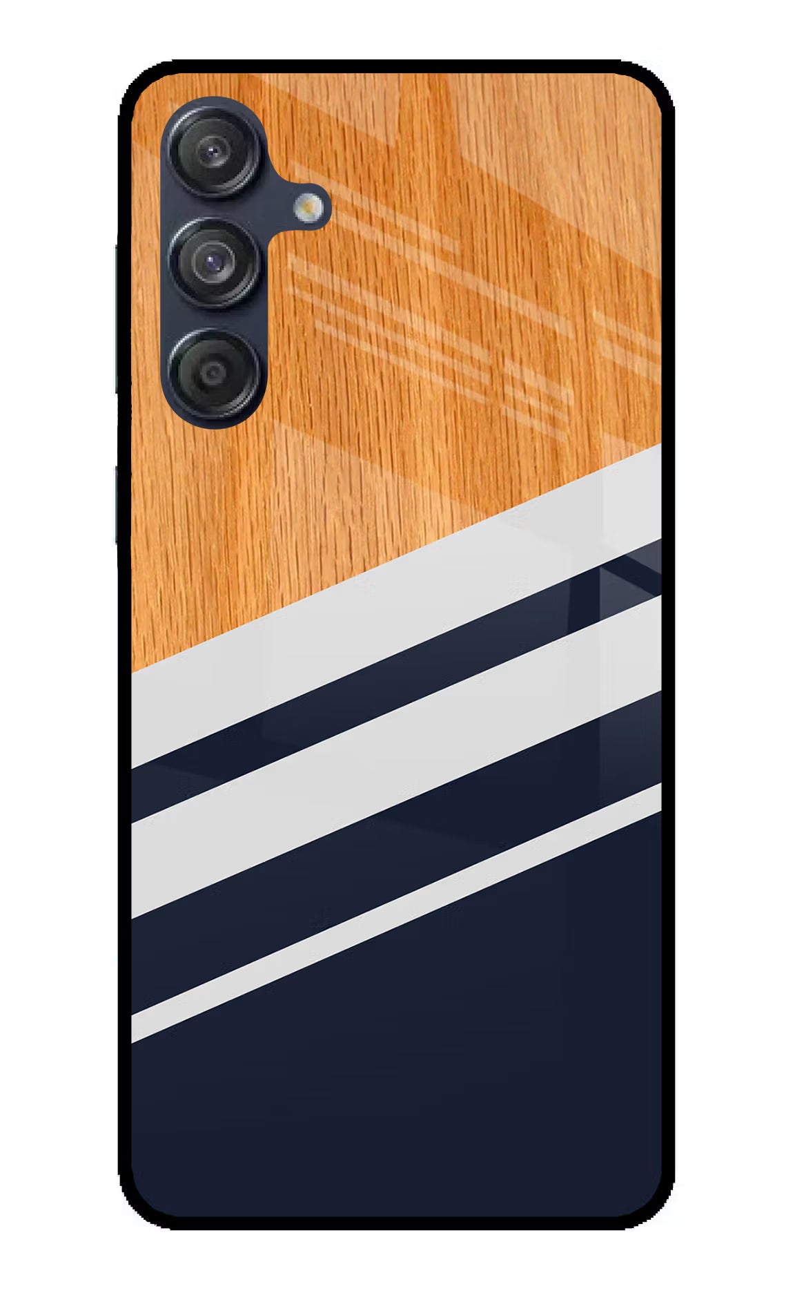 Blue and white wooden Samsung M55 5G Glass Case