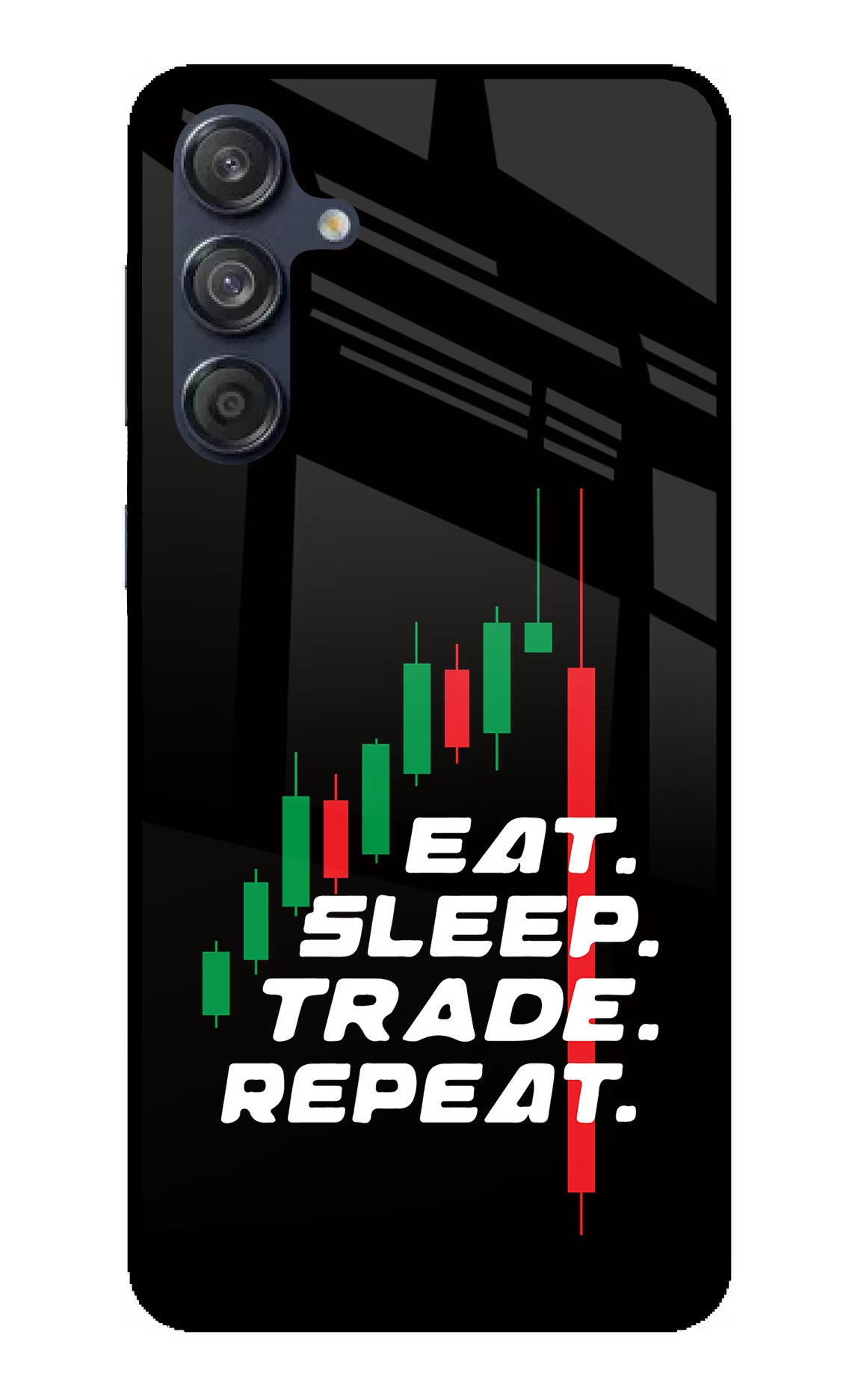 Eat Sleep Trade Repeat Samsung M55 5G Glass Case Back Cover by Casekaro