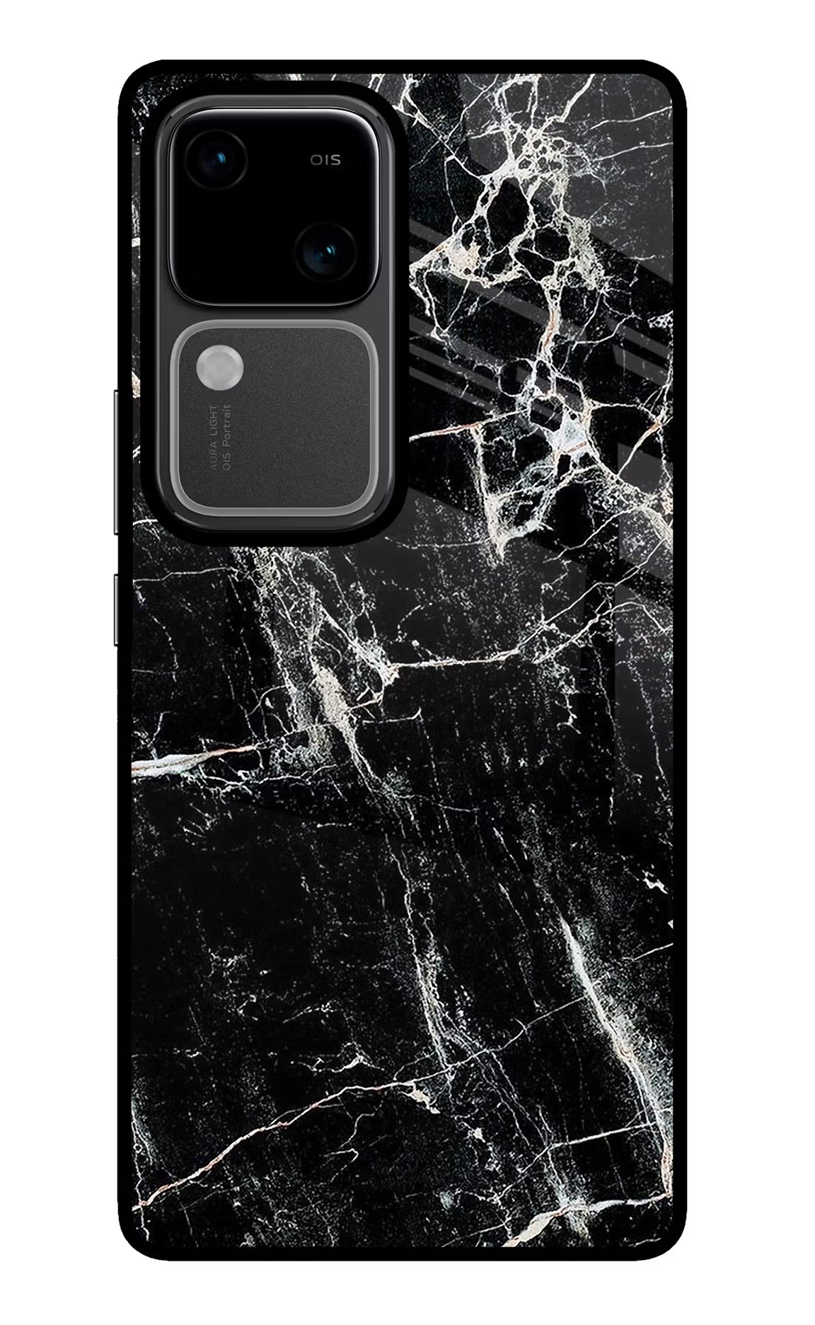 Black Marble Texture Vivo V30 5G Glass Case Back Cover by Casekaro