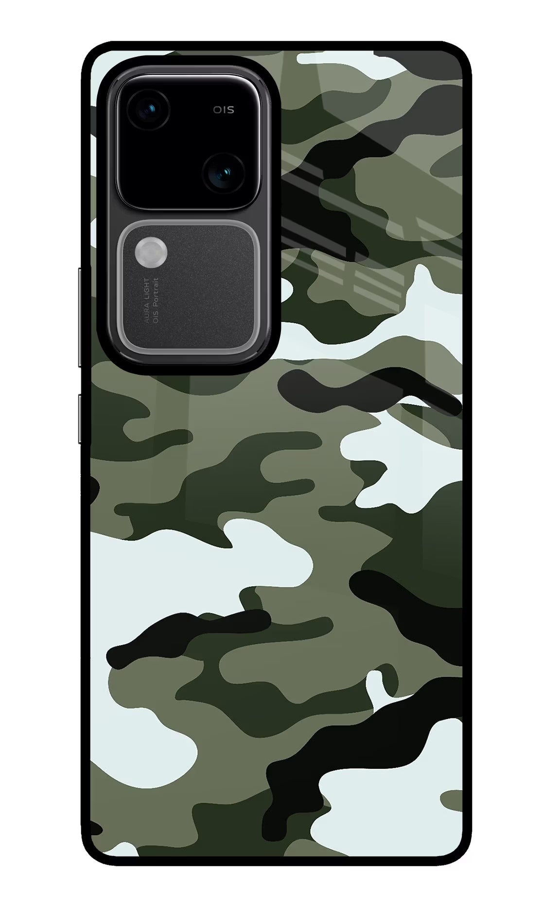 Camouflage Vivo V30 5G Glass Case Back Cover by Casekaro