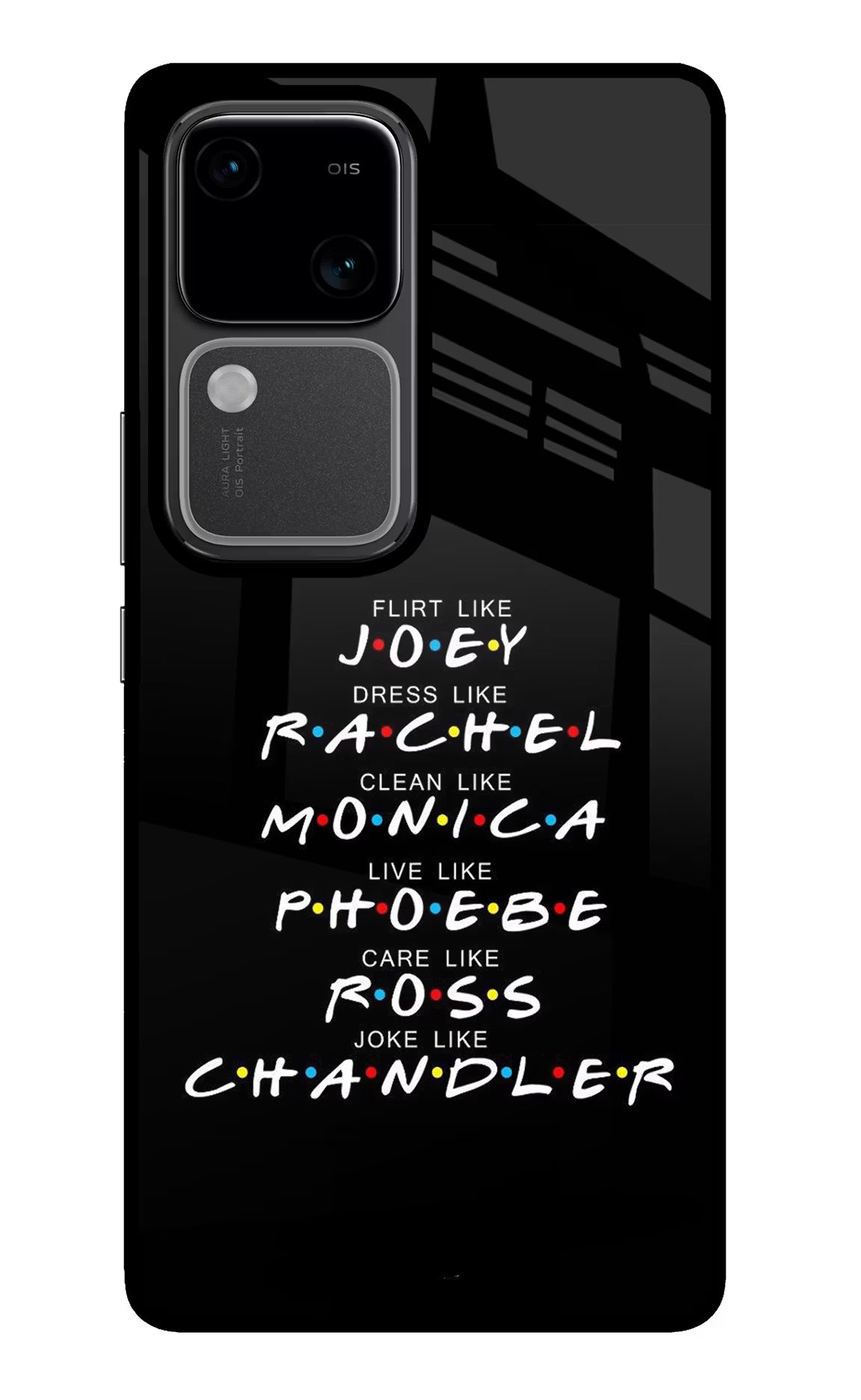 FRIENDS Character Vivo V30 5G Glass Case Back Cover by Casekaro