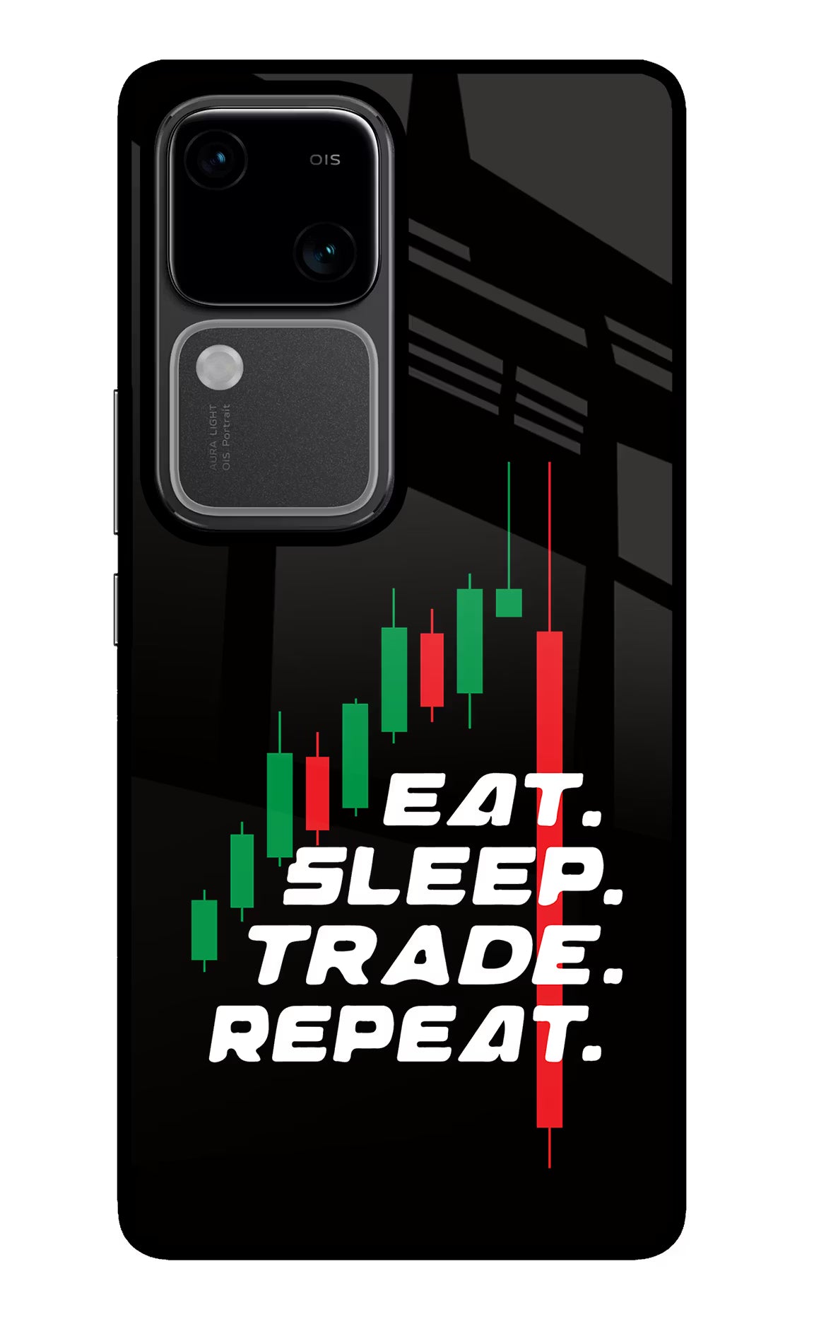 Eat Sleep Trade Repeat Vivo V30 5G Glass Case Back Cover by Casekaro