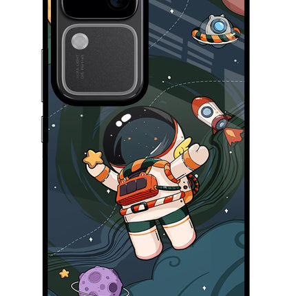 Cartoon Astronaut Vivo V30 5G Glass Case Back Cover by Casekaro
