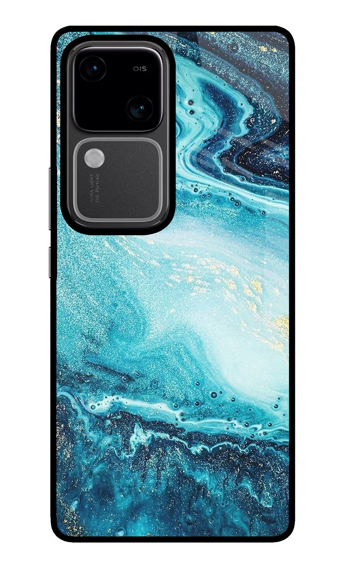 Blue Glitter Marble Vivo V30 5G Glass Case Back Cover by Casekaro
