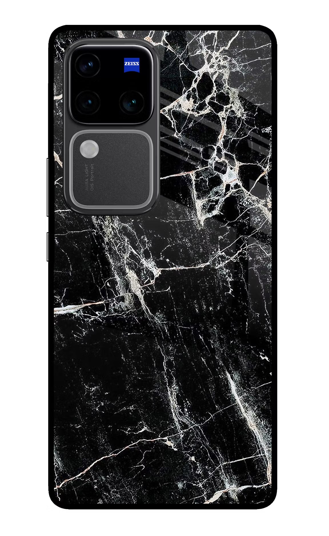 Black Marble Texture Vivo V30 Pro 5G Glass Case Back Cover by Casekaro