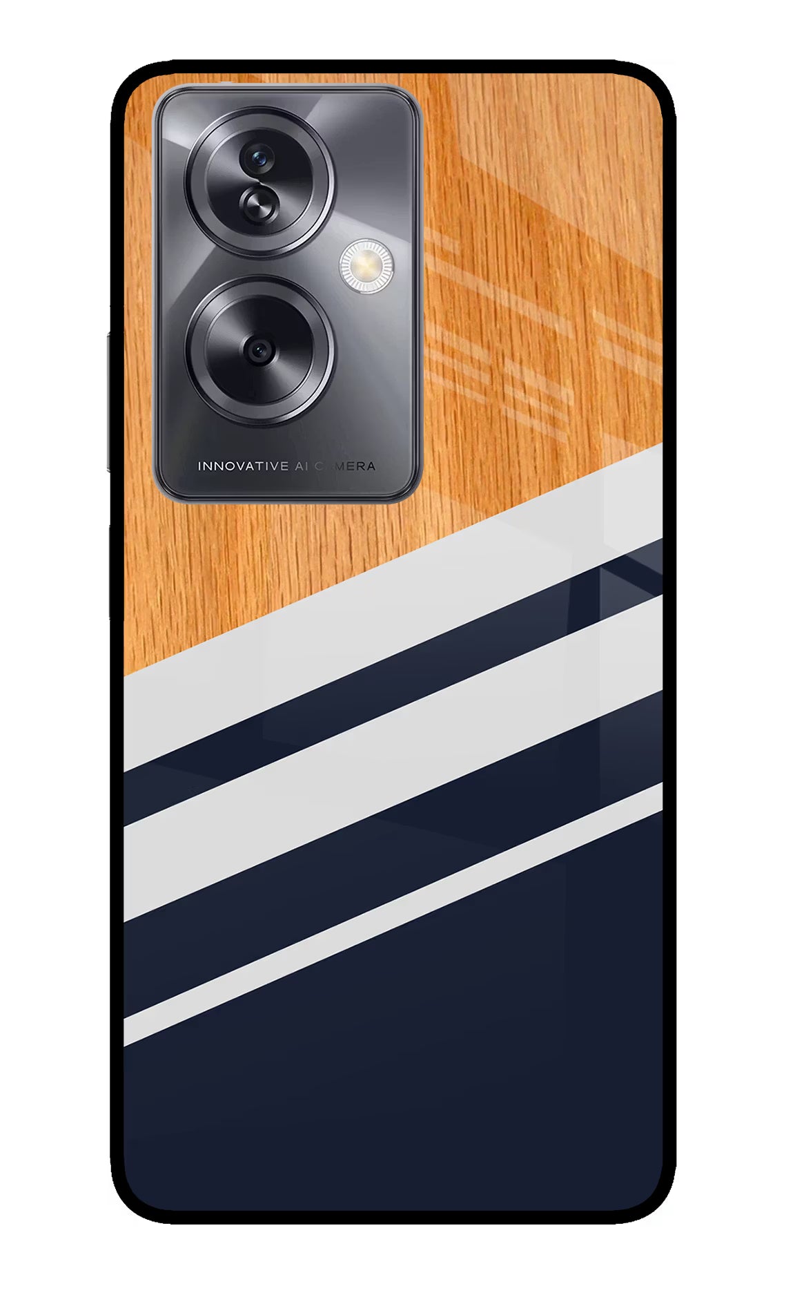 Blue and white wooden Oppo A79 5G Glass Case Back Cover by Casekaro