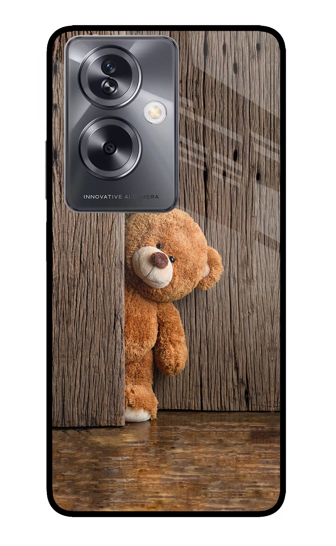 Teddy Wooden Oppo A79 5G Glass Case Back Cover by Casekaro
