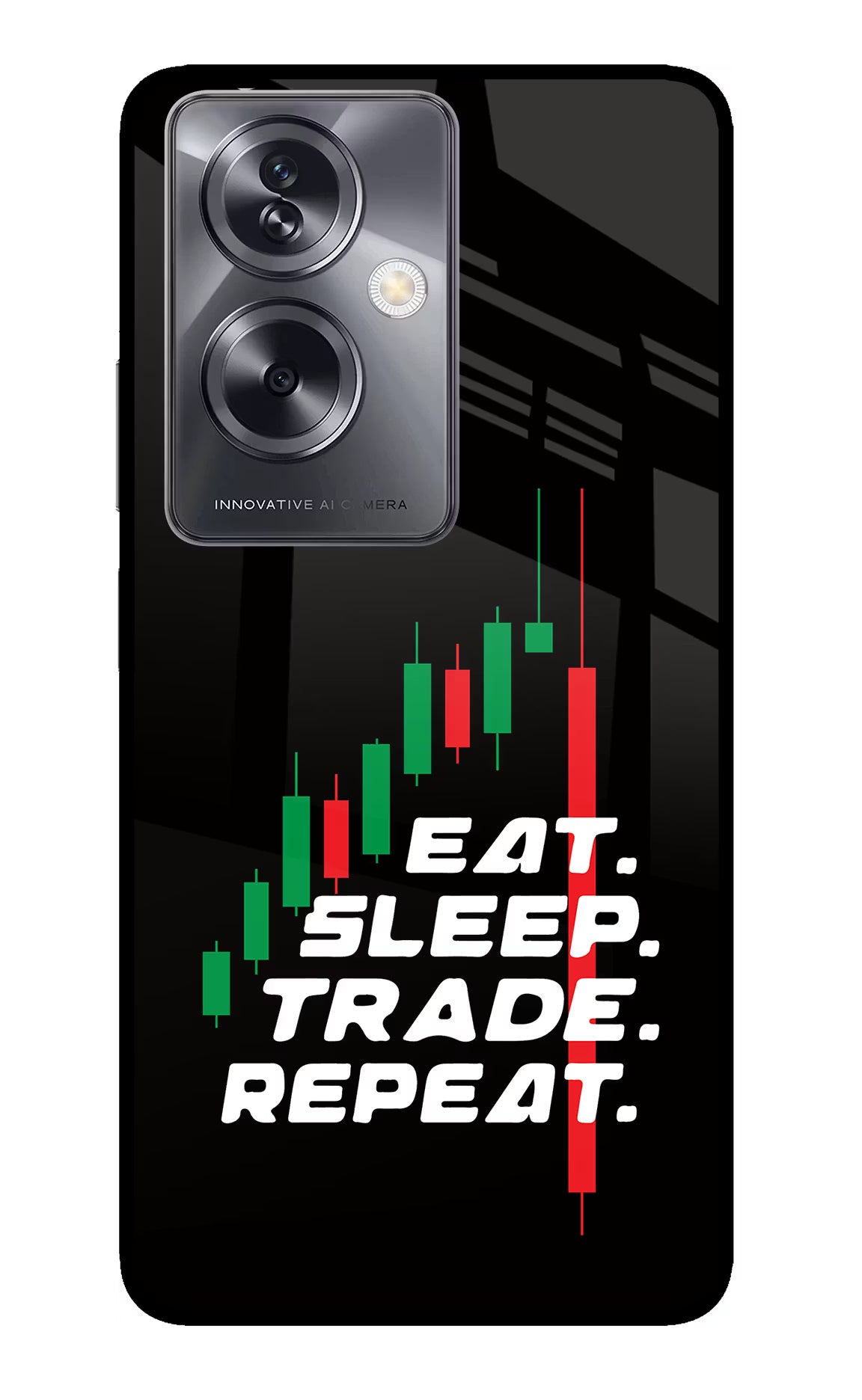 Eat Sleep Trade Repeat Oppo A79 5G Glass Case Back Cover by Casekaro