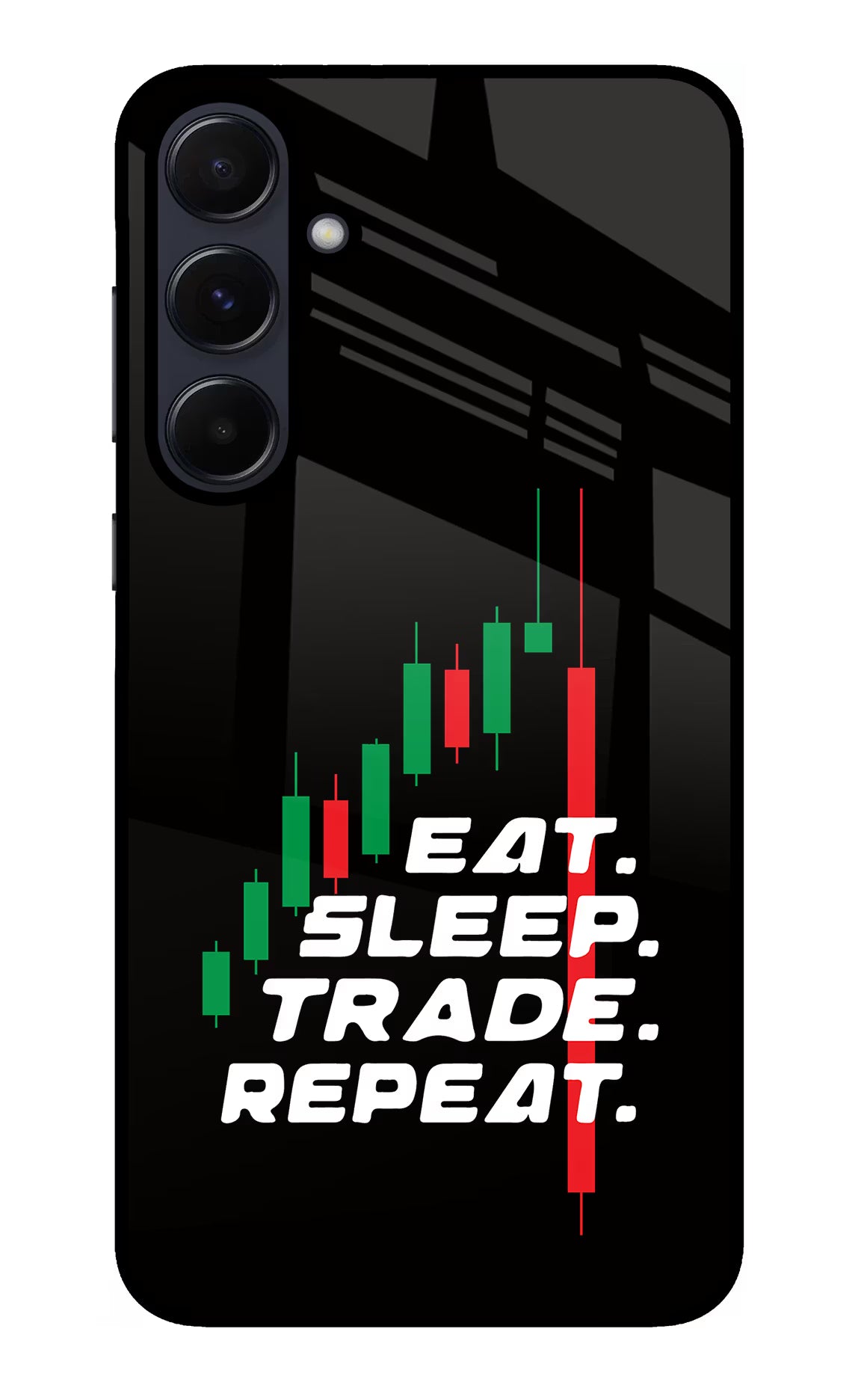 Eat Sleep Trade Repeat Samsung A55 5G Glass Case Back Cover by Casekaro