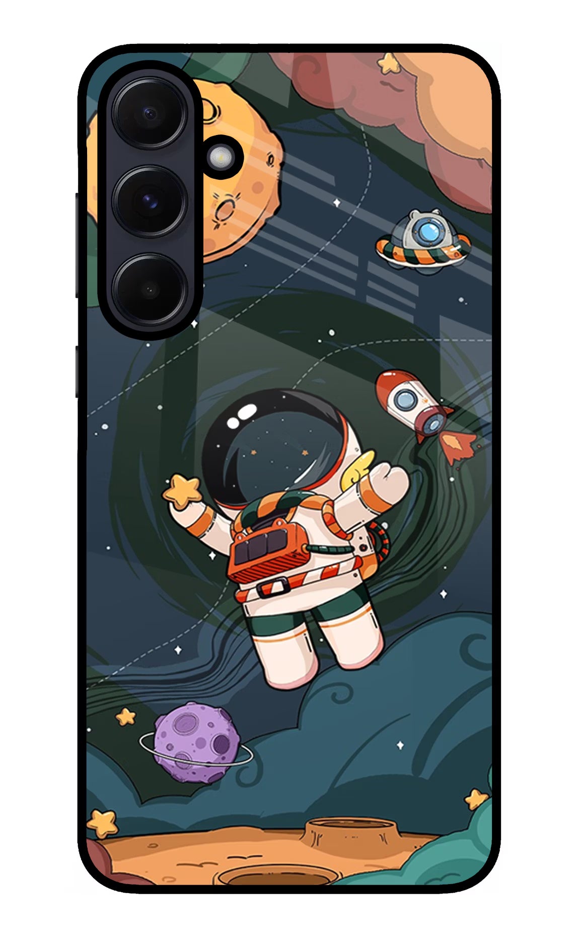 Cartoon Astronaut Samsung A55 5G Glass Case Back Cover by Casekaro