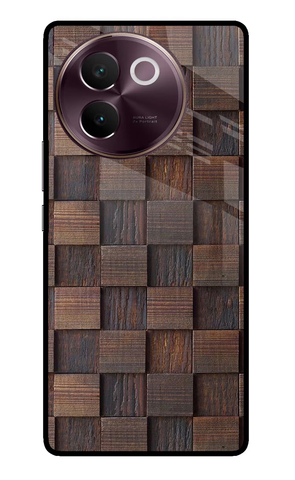 Wooden Cube Design Vivo V30e Glass Case Back Cover by Casekaro