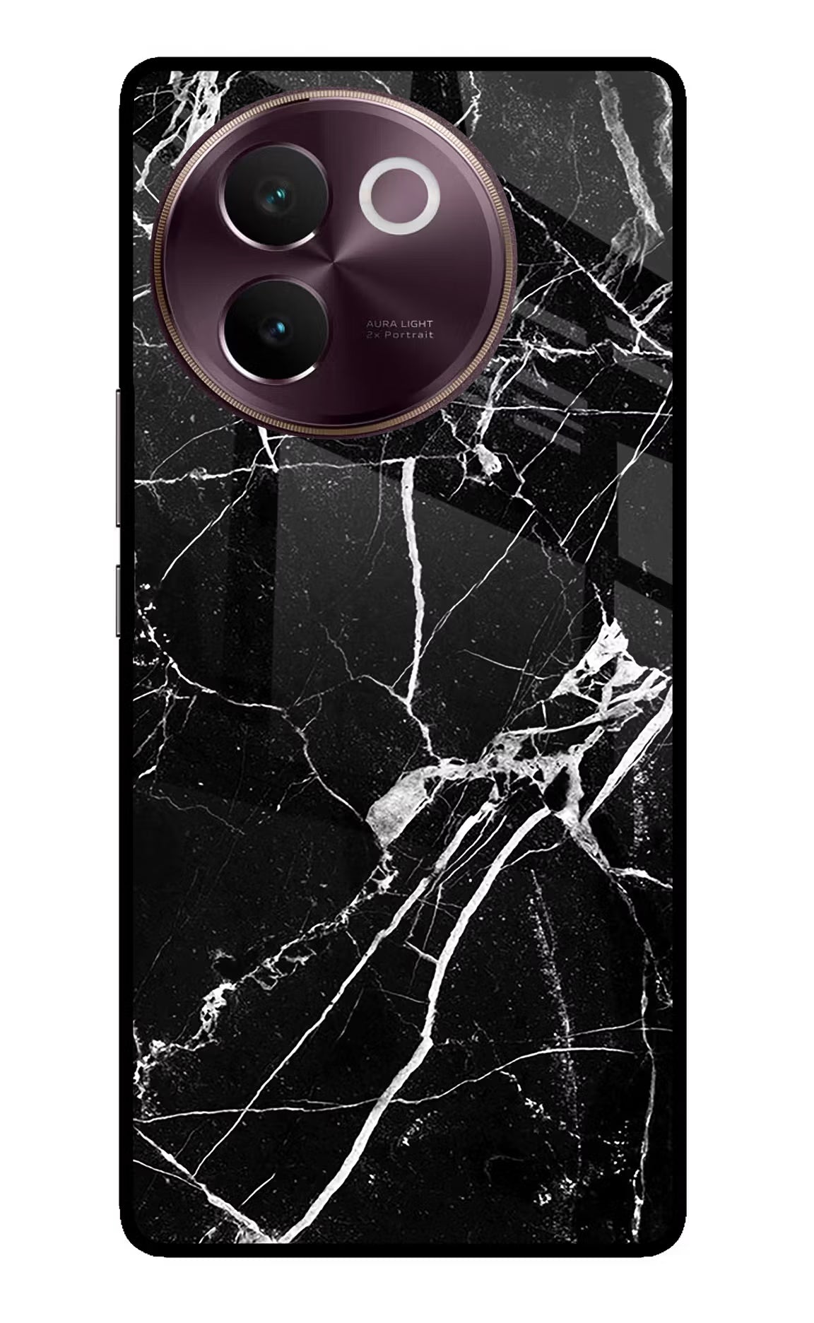 Black Marble Pattern Vivo V30e Glass Case Back Cover by Casekaro