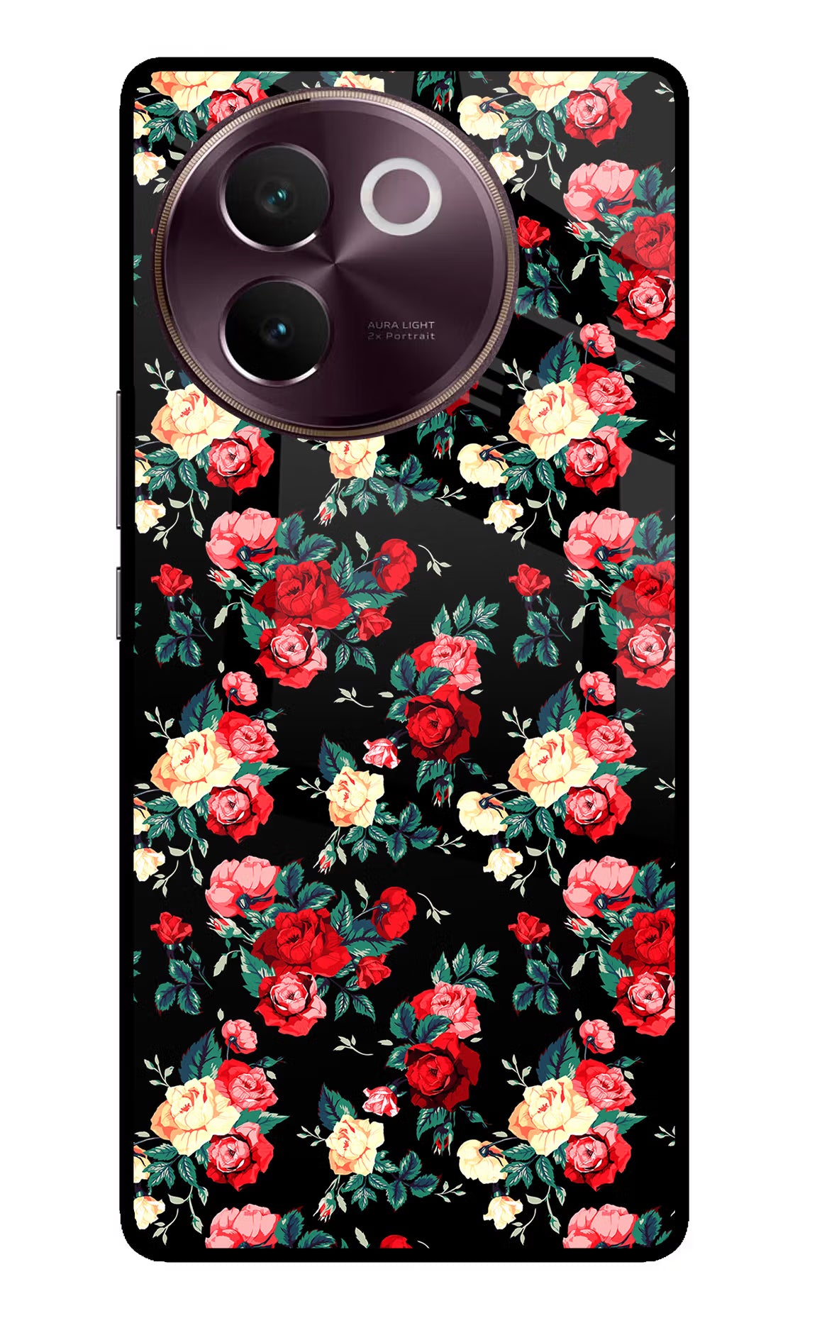 Rose Pattern Vivo V30e Glass Case Back Cover by Casekaro
