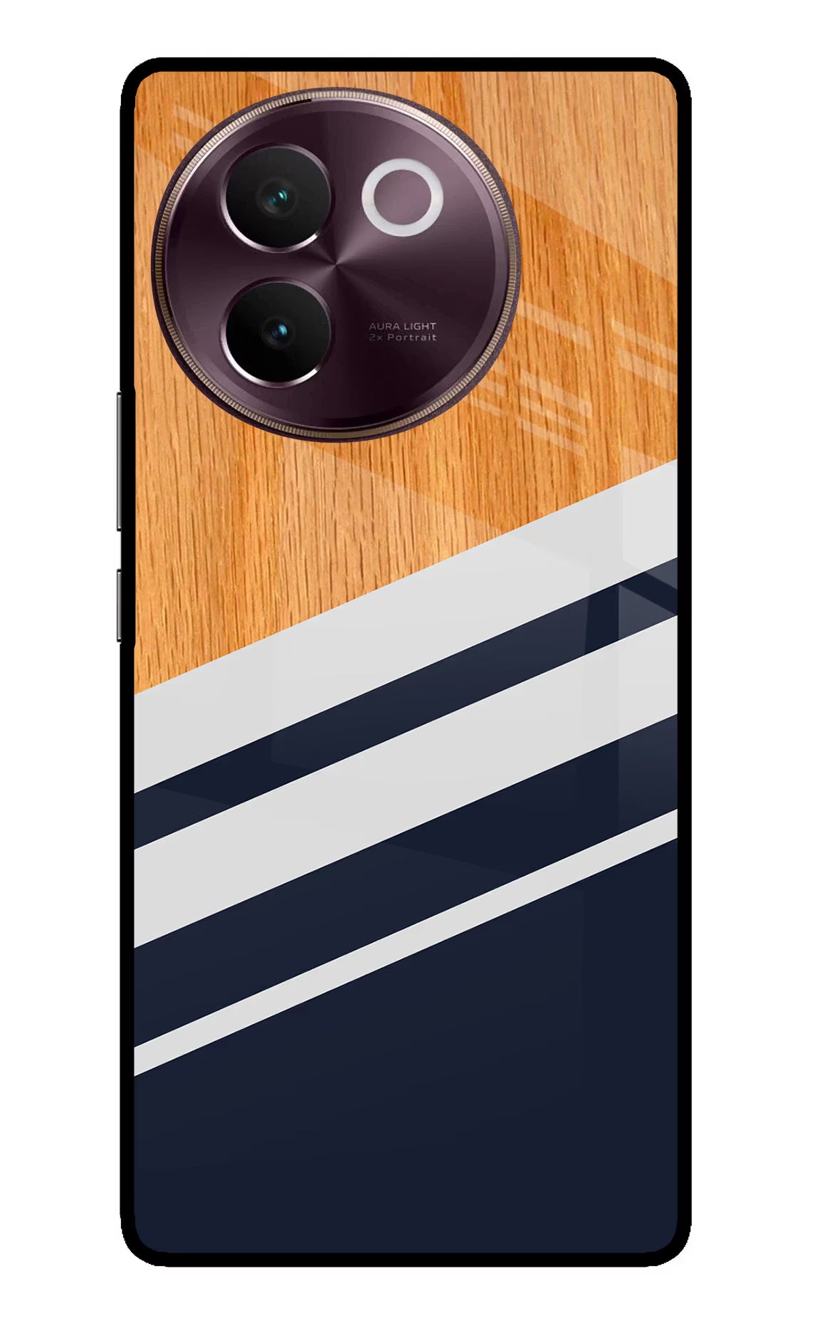 Blue and white wooden Vivo V30e Glass Case Back Cover by Casekaro