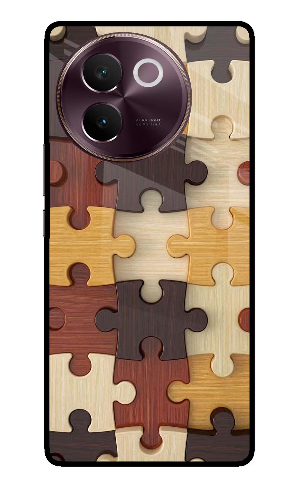 Wooden Puzzle Vivo V30e Glass Case Back Cover by Casekaro