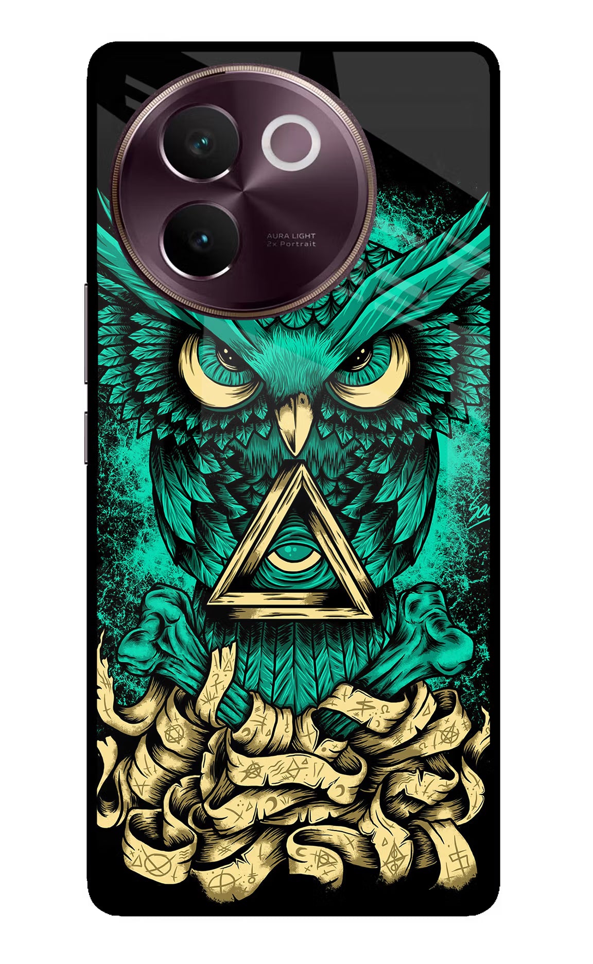 Green Owl Vivo V30e Glass Case Back Cover by Casekaro