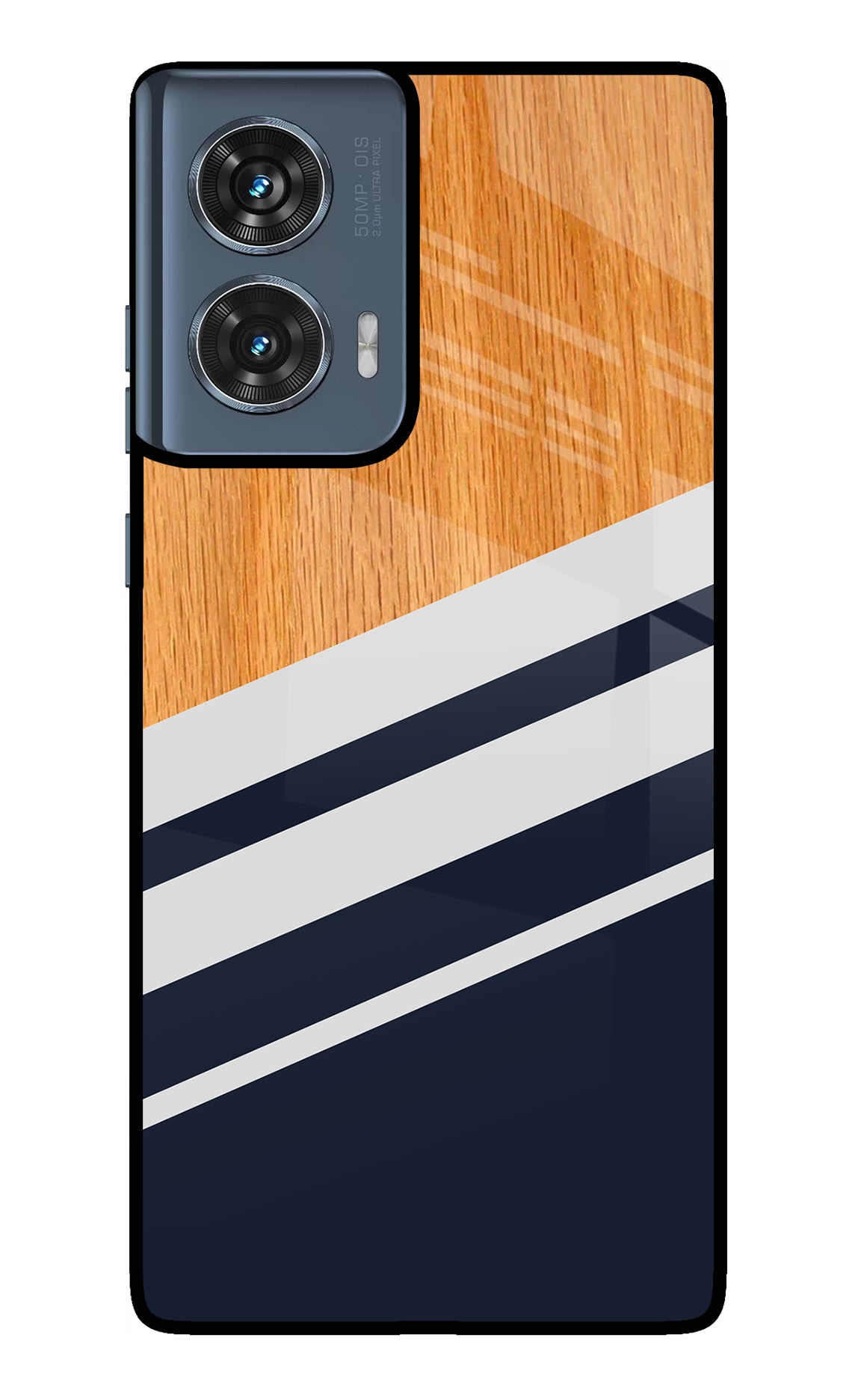 Blue and white wooden Moto Edge 50 Fusion Glass Case