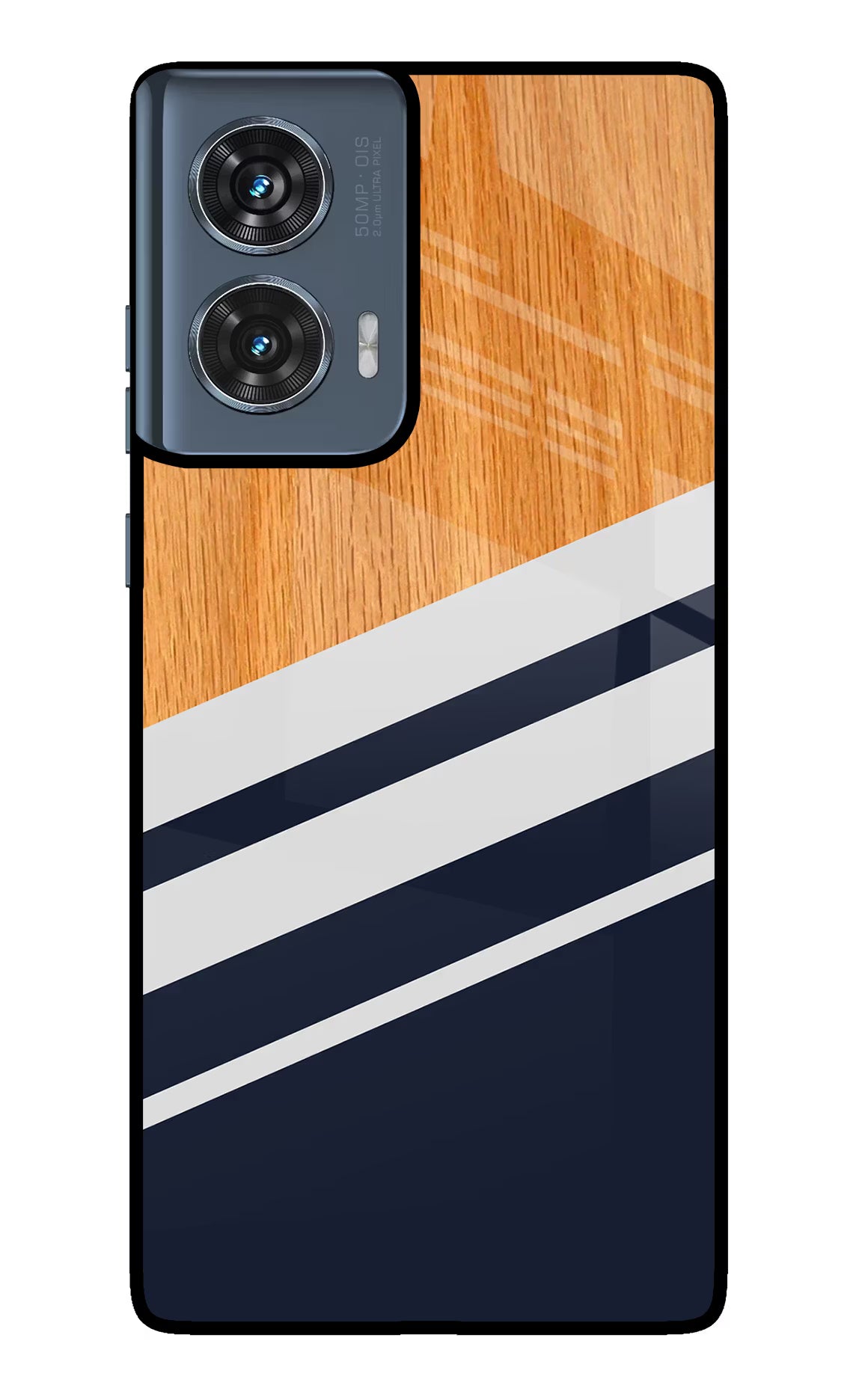 Blue and white wooden Moto Edge 50 Fusion Glass Case Back Cover by Casekaro
