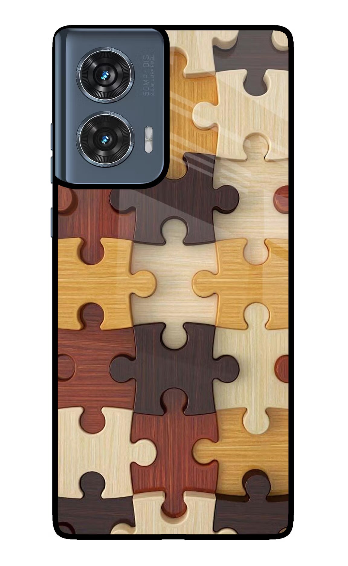 Wooden Puzzle Moto Edge 50 Fusion Glass Case Back Cover by Casekaro