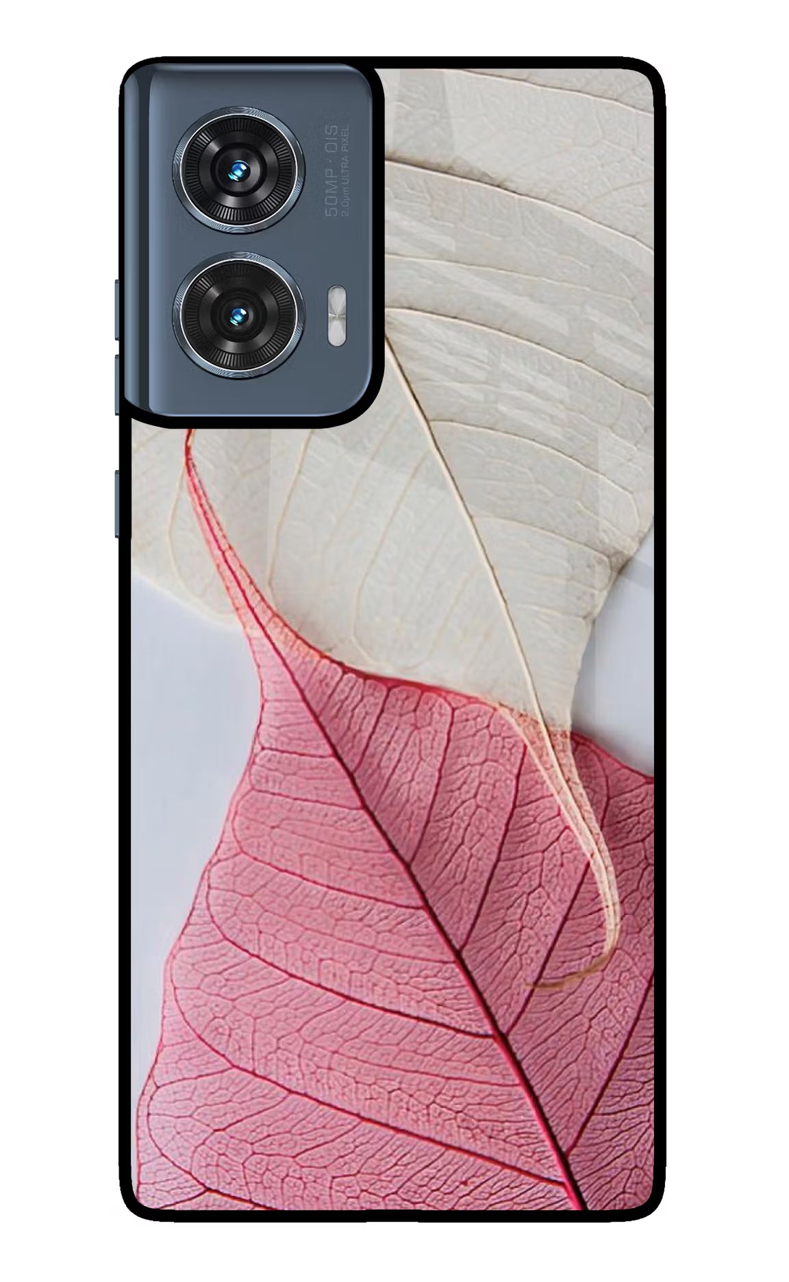 White Pink Leaf Moto Edge 50 Fusion Glass Case Back Cover by Casekaro