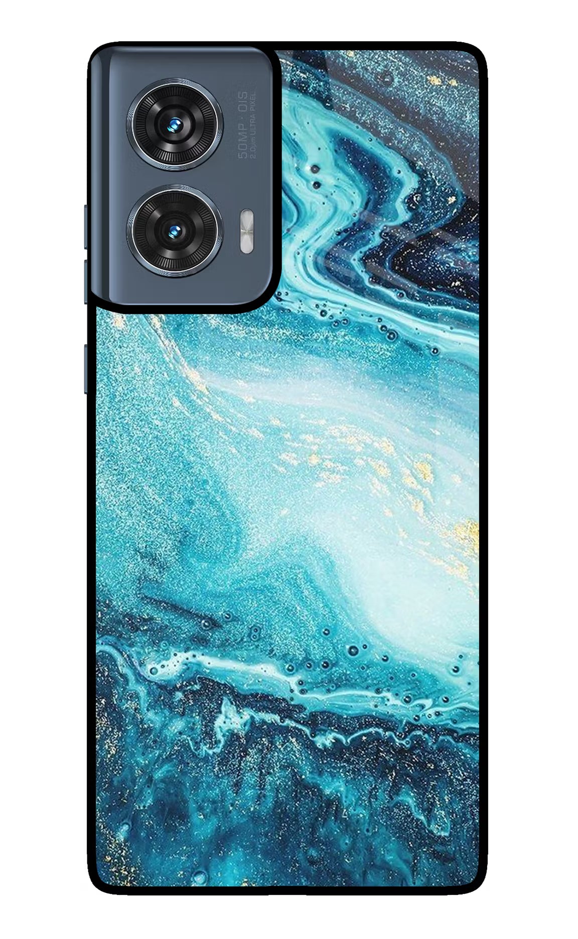Blue Glitter Marble Moto Edge 50 Fusion Glass Case Back Cover by Casekaro