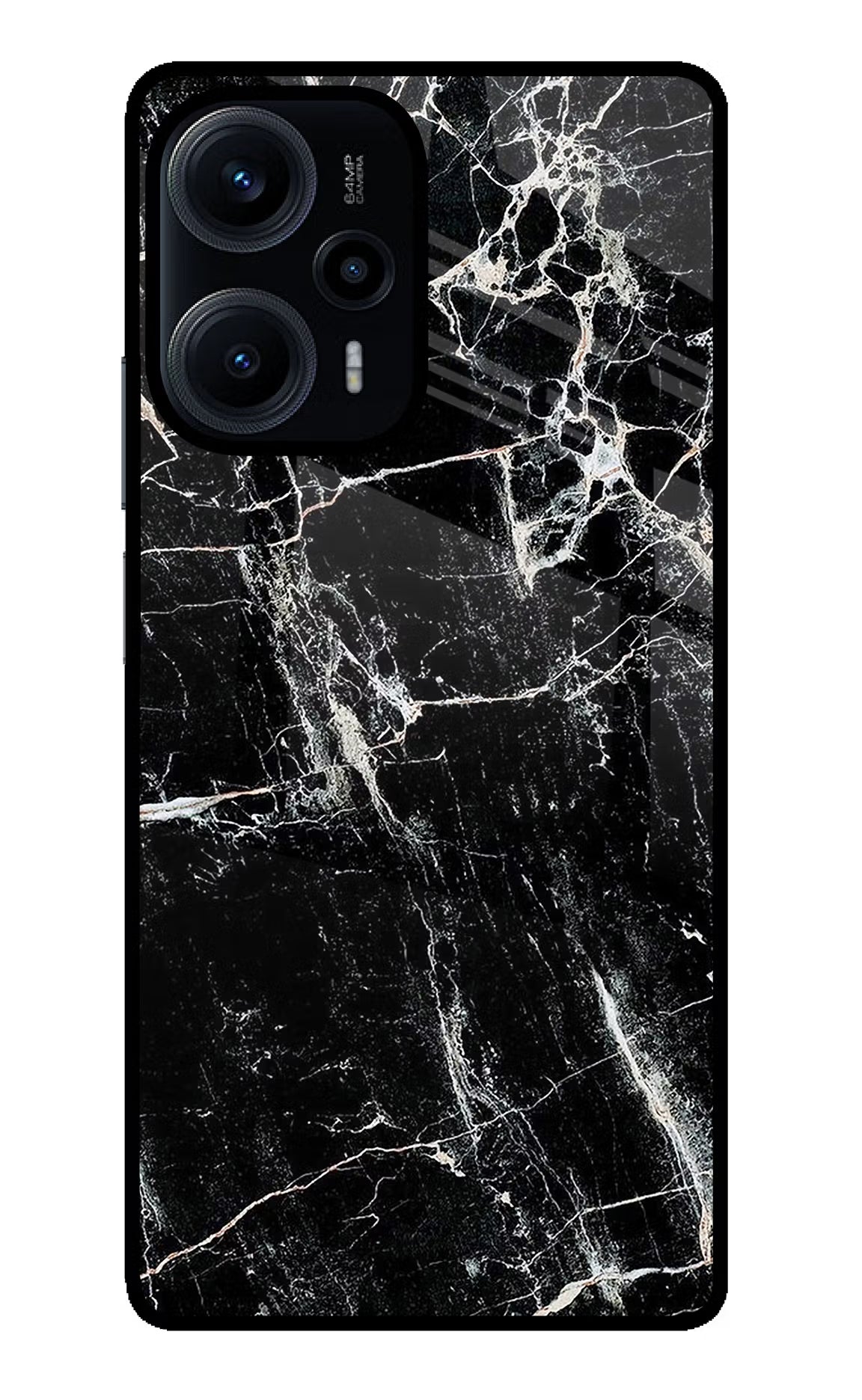 Black Marble Texture Poco F5 5G Glass Case Back Cover by Casekaro