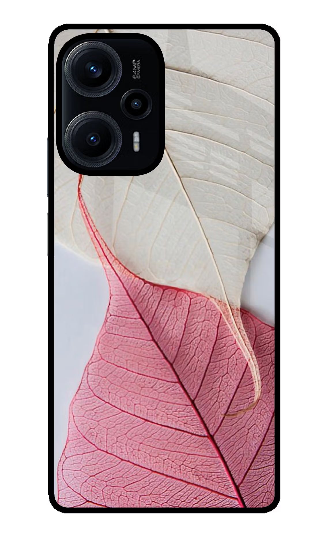 White Pink Leaf Poco F5 5G Glass Case Back Cover by Casekaro