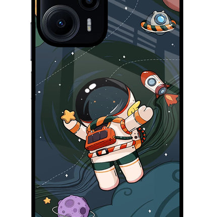 Cartoon Astronaut Poco F5 5G Glass Case Back Cover by Casekaro