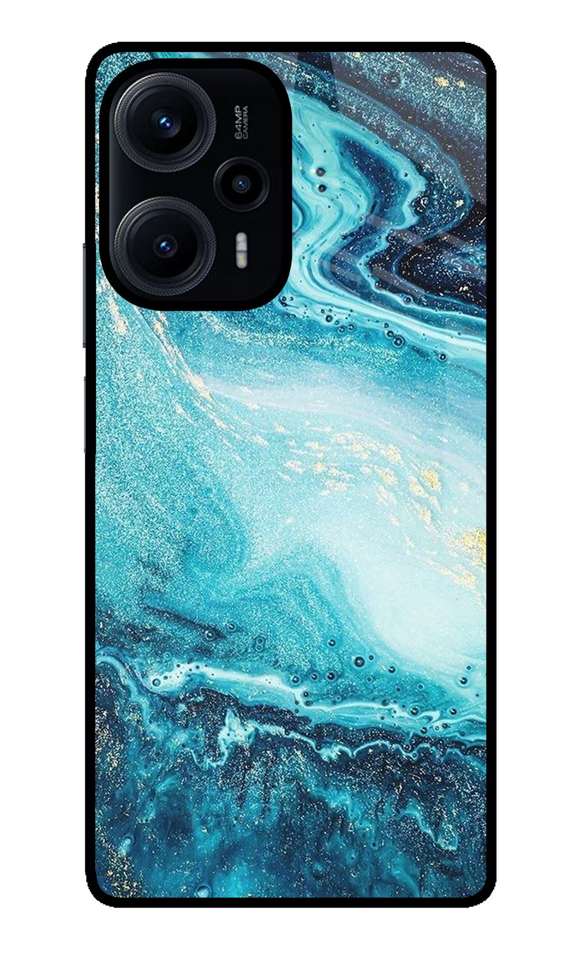 Blue Glitter Marble Poco F5 5G Glass Case Back Cover by Casekaro