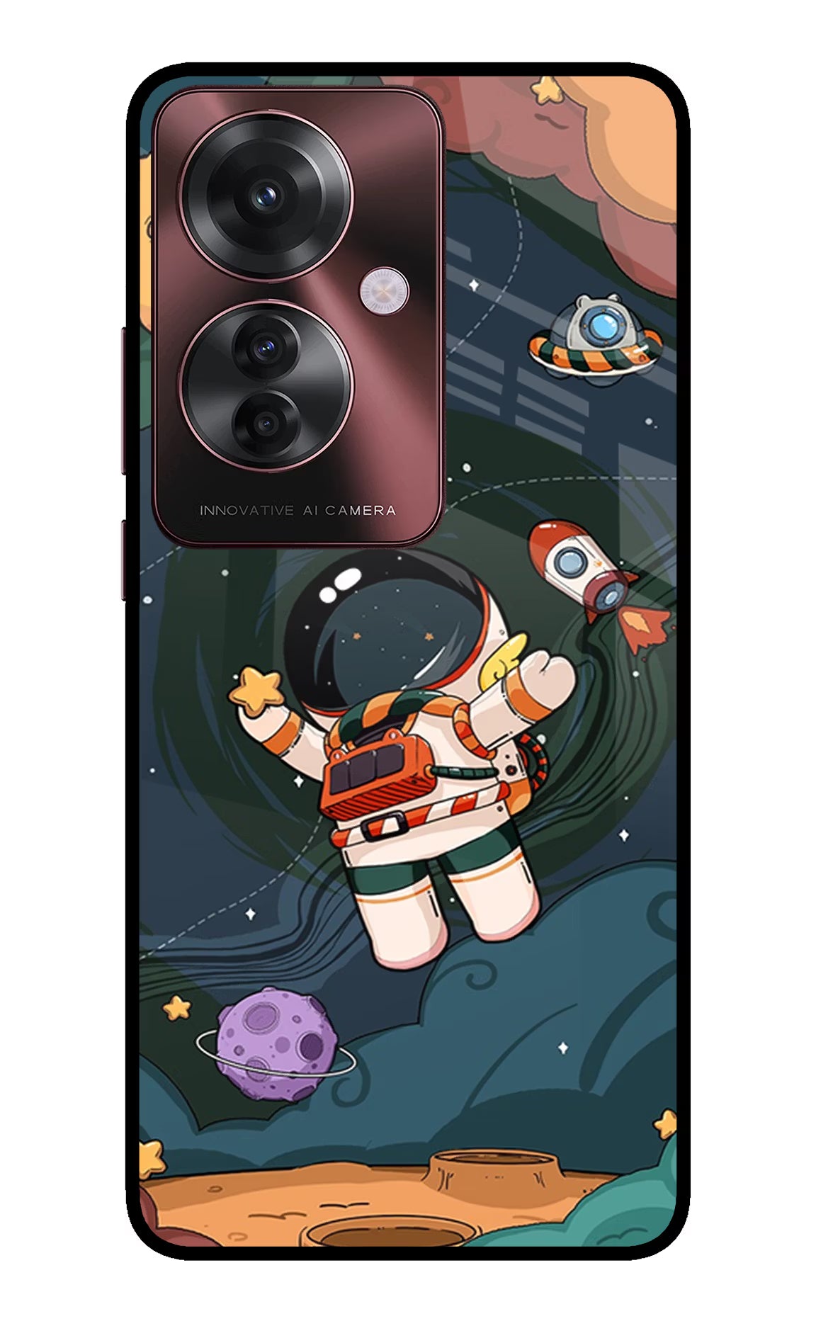 Cartoon Astronaut Oppo F25 Pro 5G Glass Case Back Cover by Casekaro
