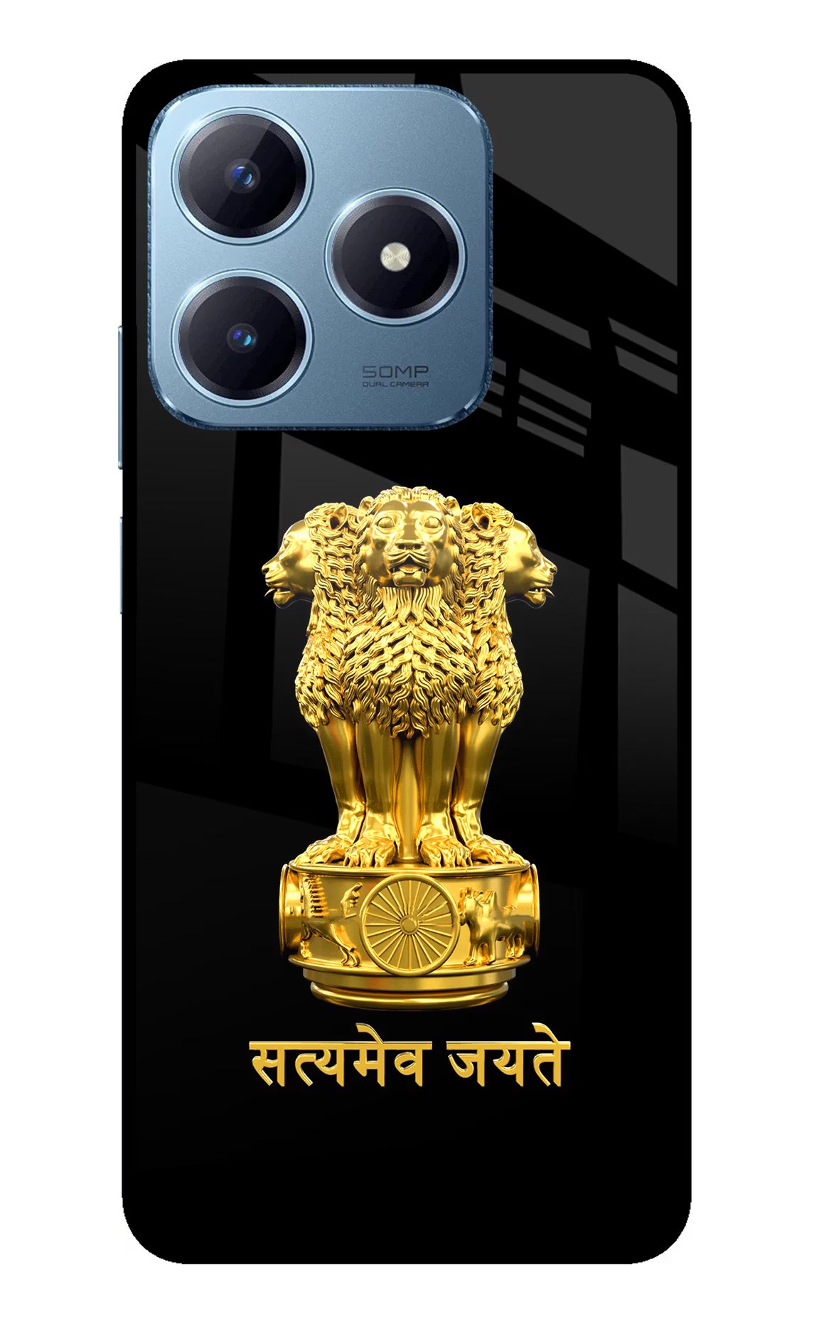 Satyamev Jayate Golden Realme Narzo N63 Glass Case Back Cover by Casekaro