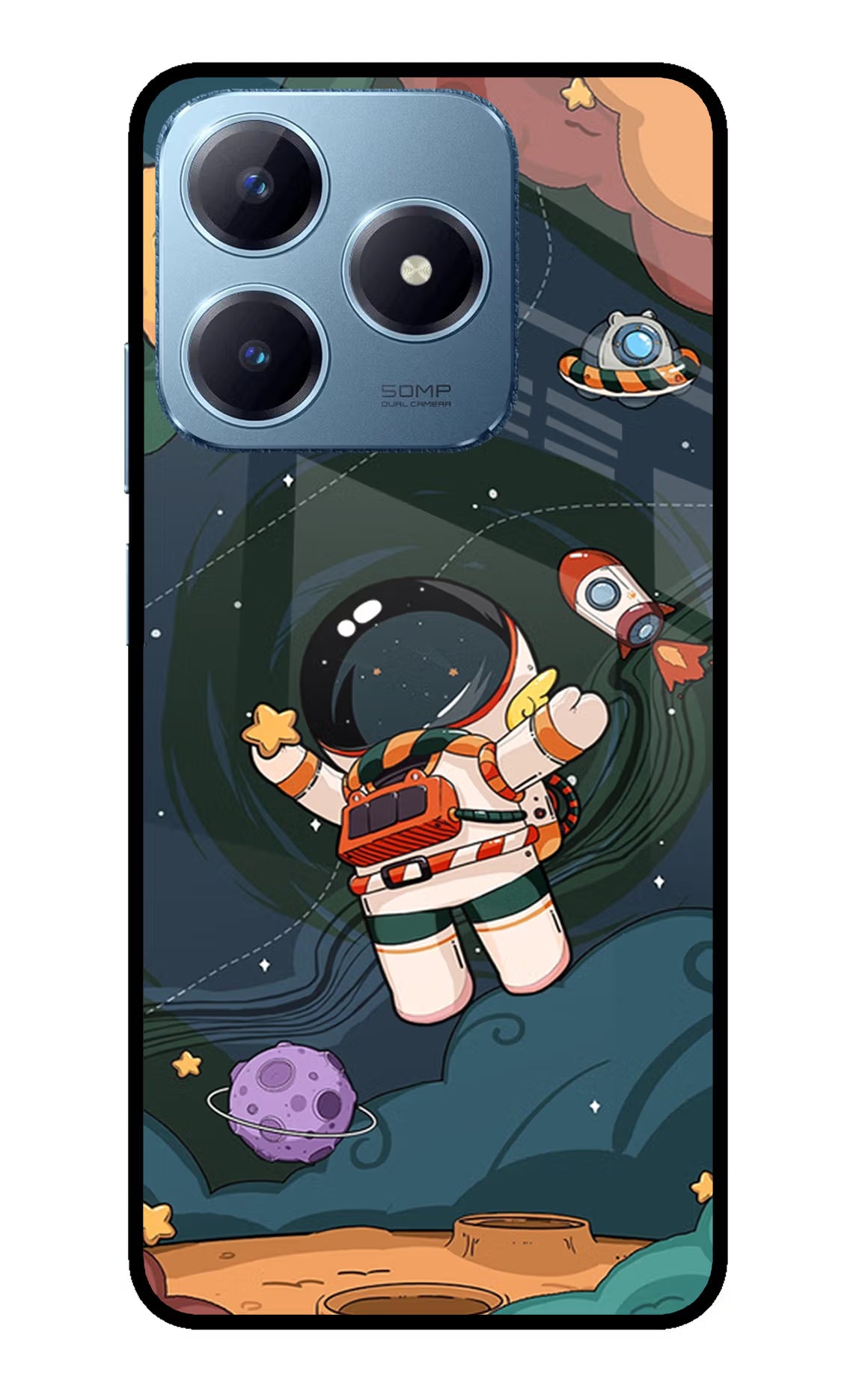 Cartoon Astronaut Realme Narzo N63 Glass Case Back Cover by Casekaro