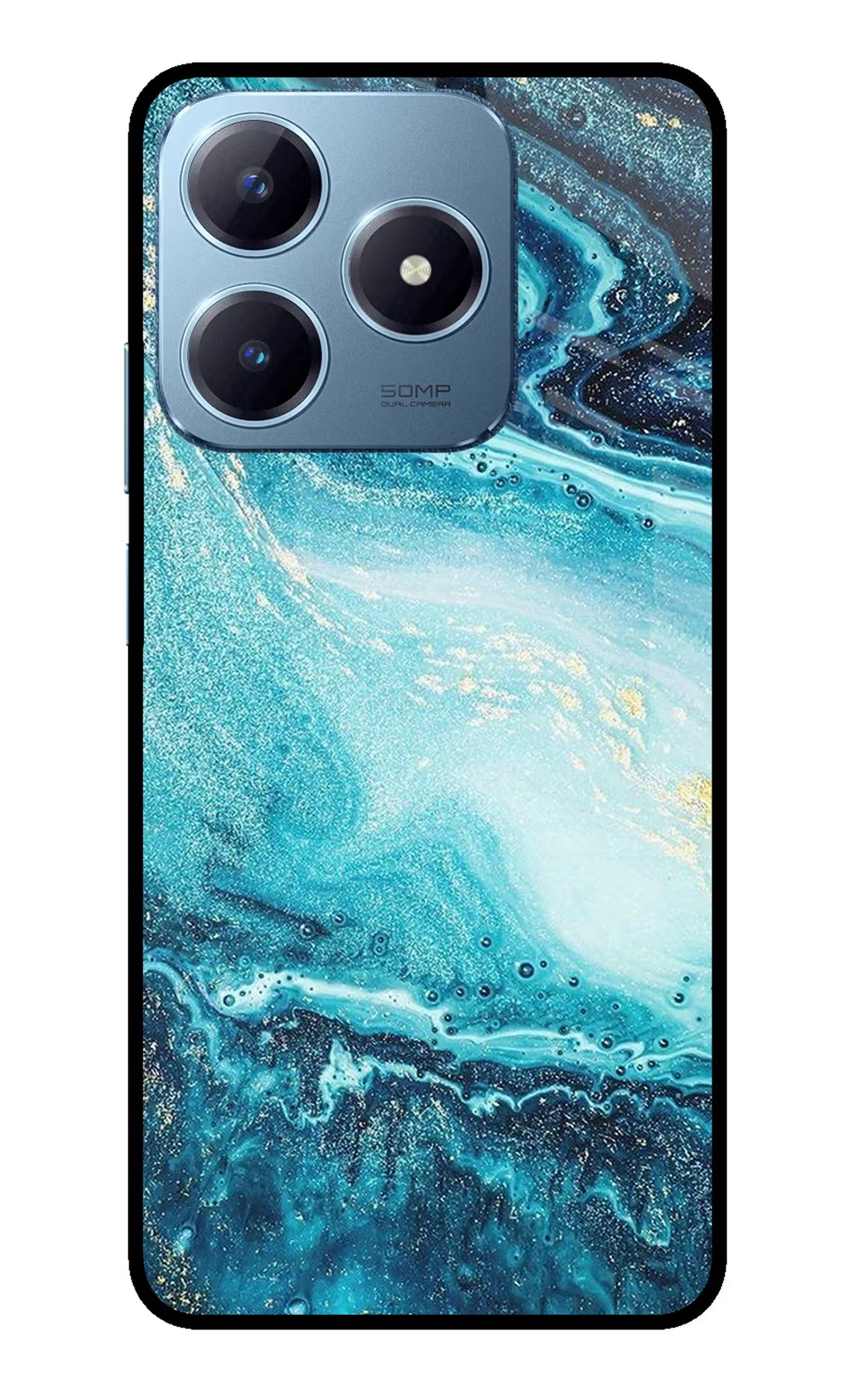 Blue Glitter Marble Realme Narzo N63 Glass Case Back Cover by Casekaro