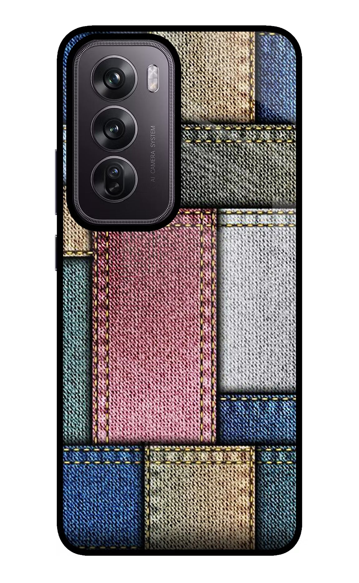Multicolor Jeans Oppo Reno12 Pro 5G Glass Case Back Cover by Casekaro